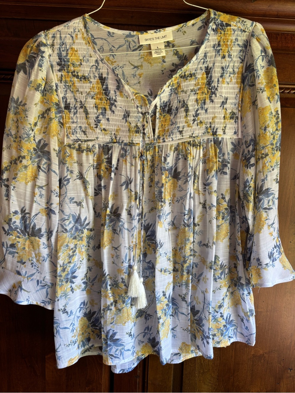 Skye's the Limit Yellow & Blue Floral Smocked Peasant Blouse